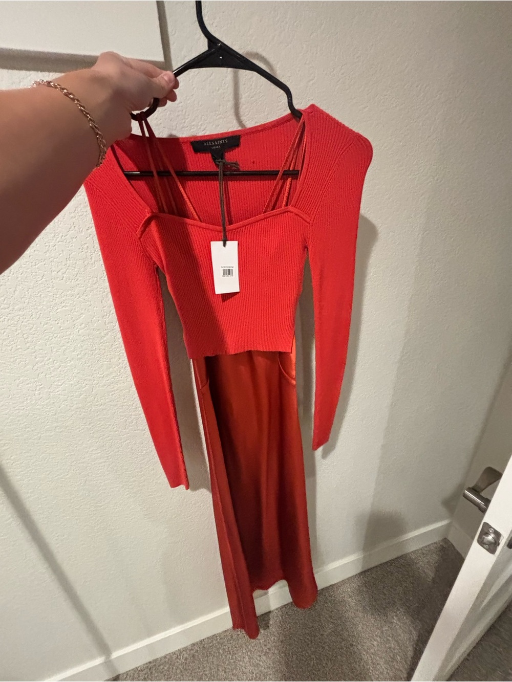 All Saints Burnt Orange Satin Maxi Dress, With Removable top